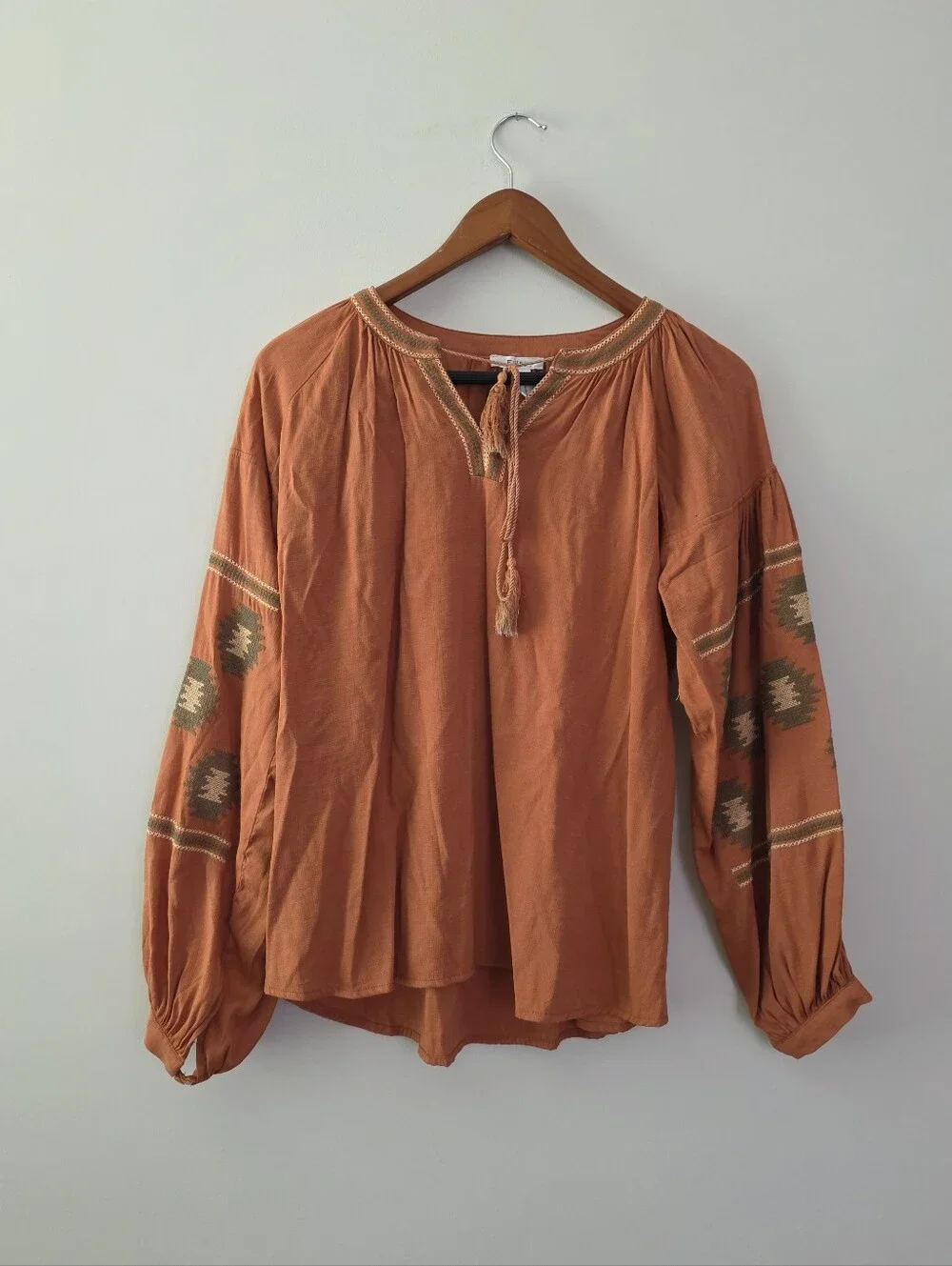 Embroidered Western Chic Longsleeve Blouse Burnt Orange Aztec Boho Esley Womns M